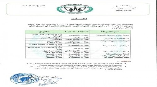 قيادة الدعم والاسناد تعلن بدء صرف رواتب الشهداء بالعاصمة عدن
